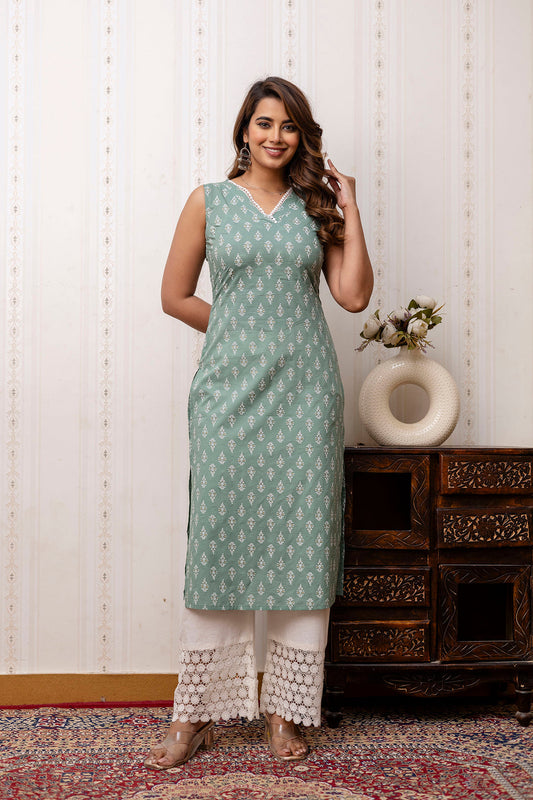 Women Green Printed Straight V-Neck Kurta | LASVINI - Redefining Indian Fashion with Elegance