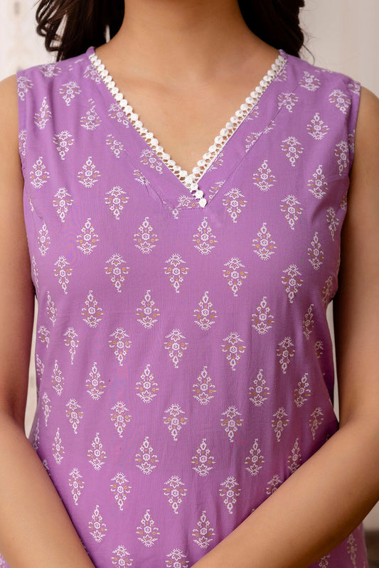 Women Purple Printed Straight Shoulder Straps Kurta | LASVINI - Redefining Indian Fashion with Elegance