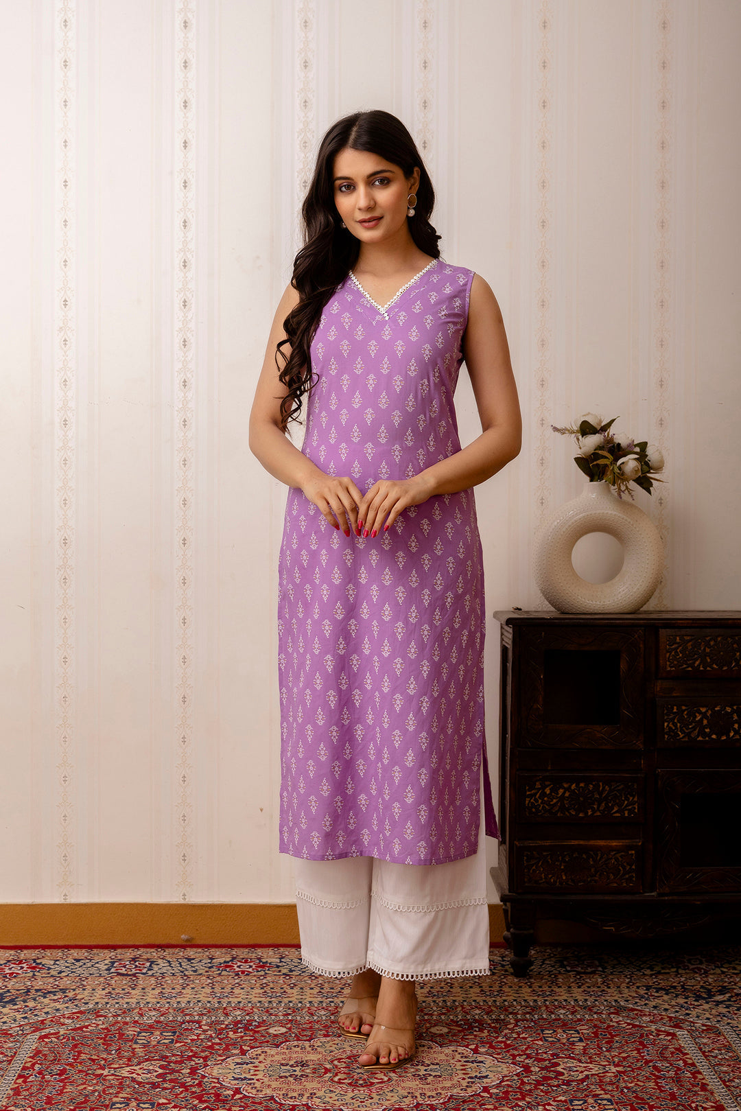 Women Purple Printed Straight Shoulder Straps Kurta | LASVINI - Redefining Indian Fashion with Elegance