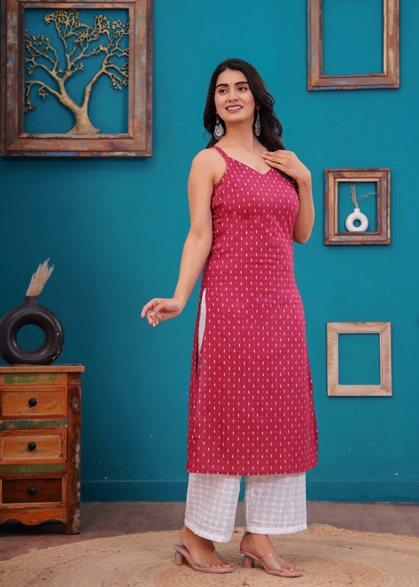 Women Pink Printed Straight Shoulder Straps Kurta | LASVINI - Redefining Indian Fashion with Elegance