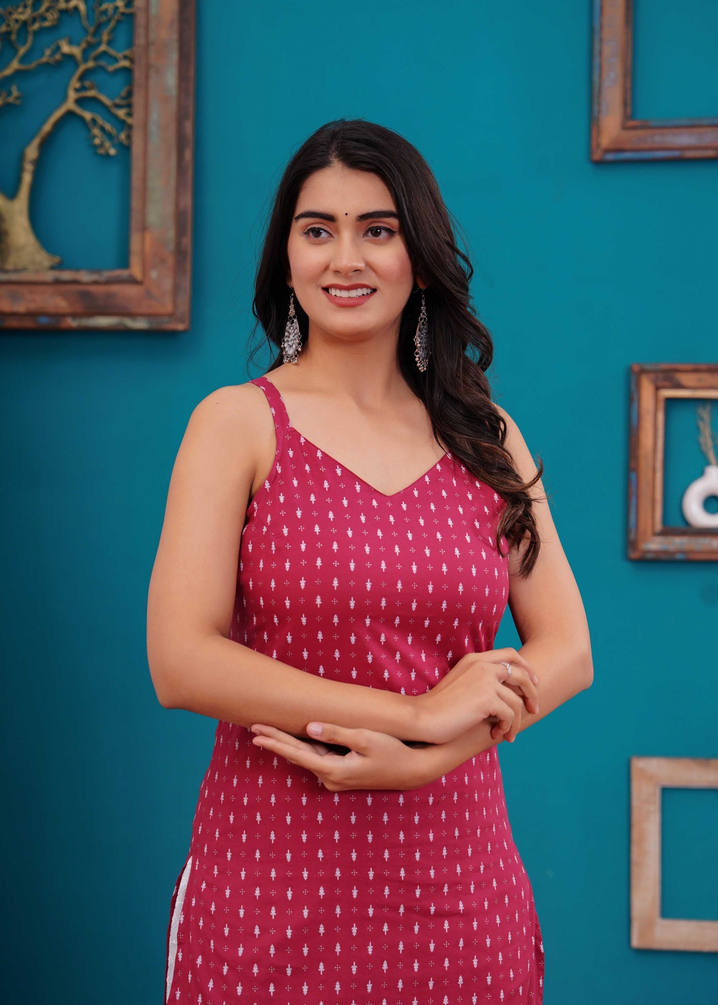 Women Pink Printed Straight Shoulder Straps Kurta | LASVINI - Redefining Indian Fashion with Elegance
