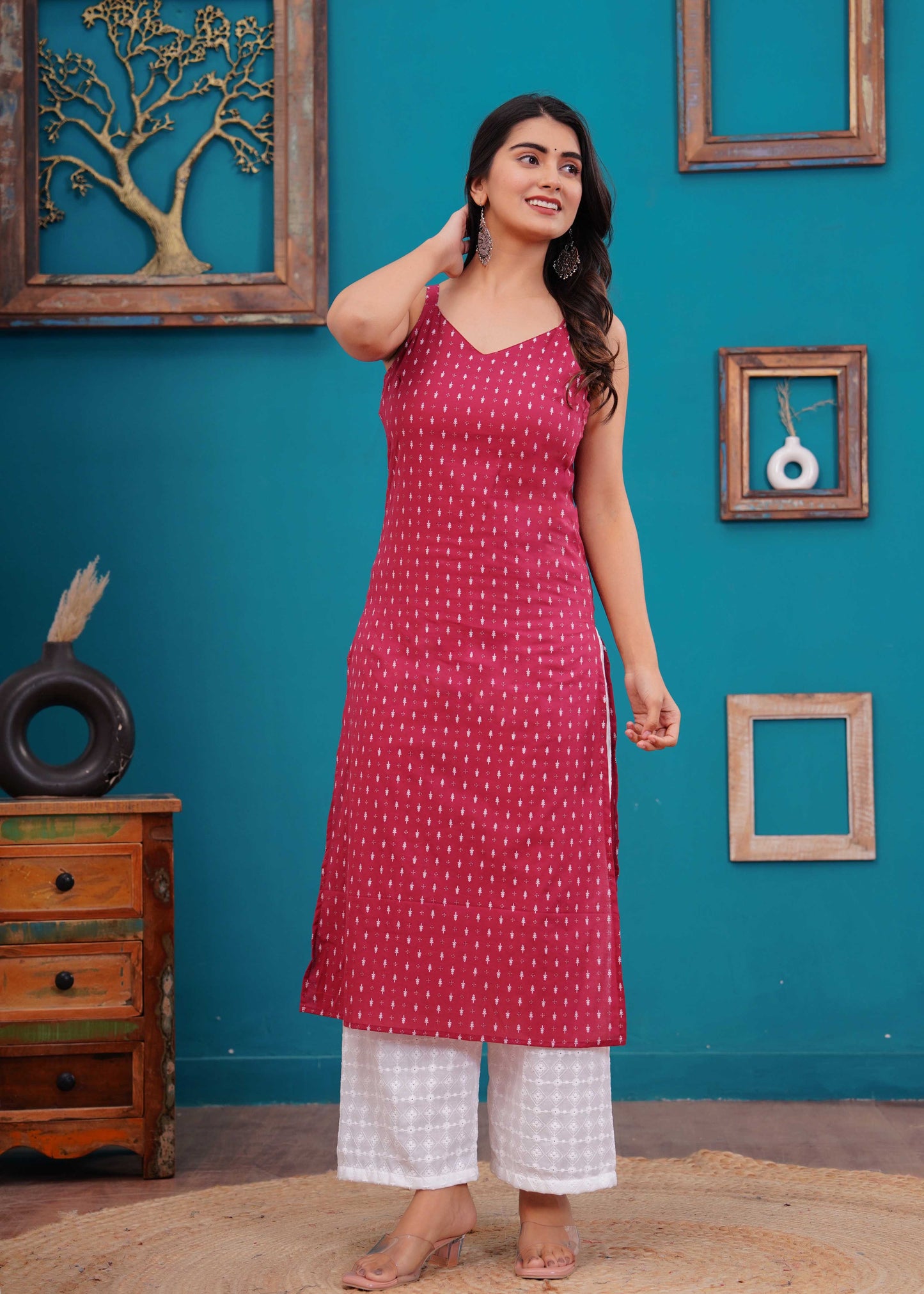 Women Pink Printed Straight Shoulder Straps Kurta | LASVINI - Redefining Indian Fashion with Elegance