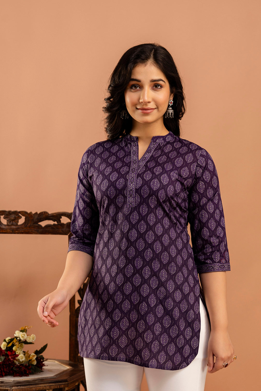 Women Purple Printed Straight Tunic With Three Quarter Sleeves | LASVINI - Redefining Indian Fashion with Elegance