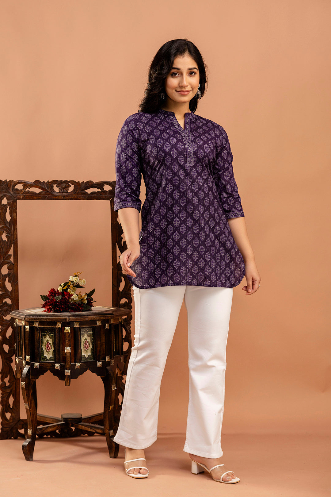 Women Purple Printed Straight Tunic With Three Quarter Sleeves | LASVINI - Redefining Indian Fashion with Elegance