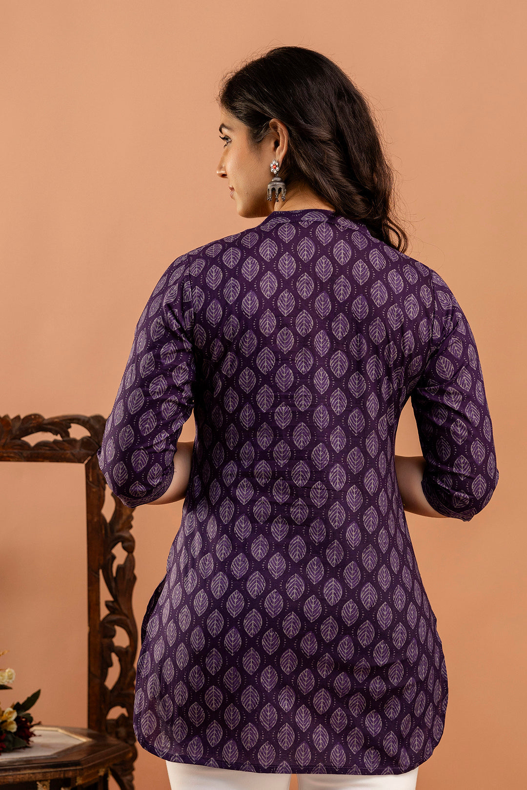Women Purple Printed Straight Tunic With Three Quarter Sleeves | LASVINI - Redefining Indian Fashion with Elegance