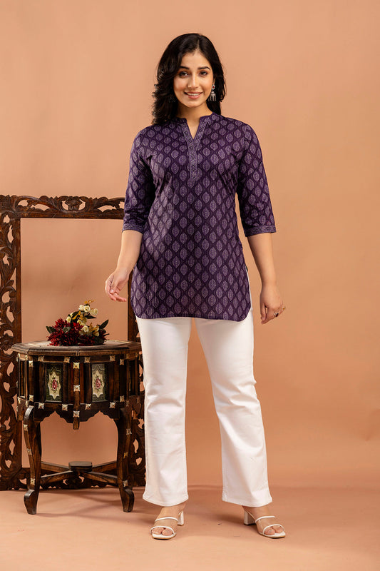 Women Purple Printed Straight Tunic With Three Quarter Sleeves | LASVINI - Redefining Indian Fashion with Elegance