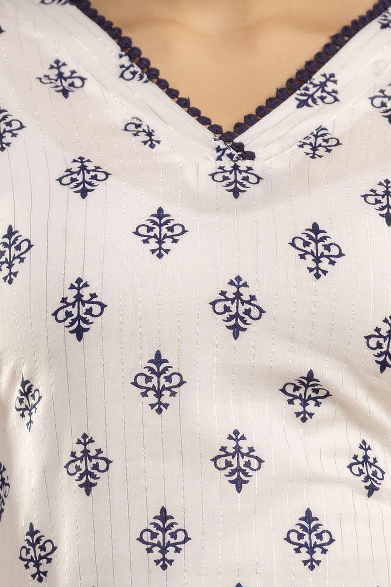 White Ethnic Printed Straight Kurta with Three Quarter Sleeves | LASVINI - Redefining Indian Fashion with Elegance