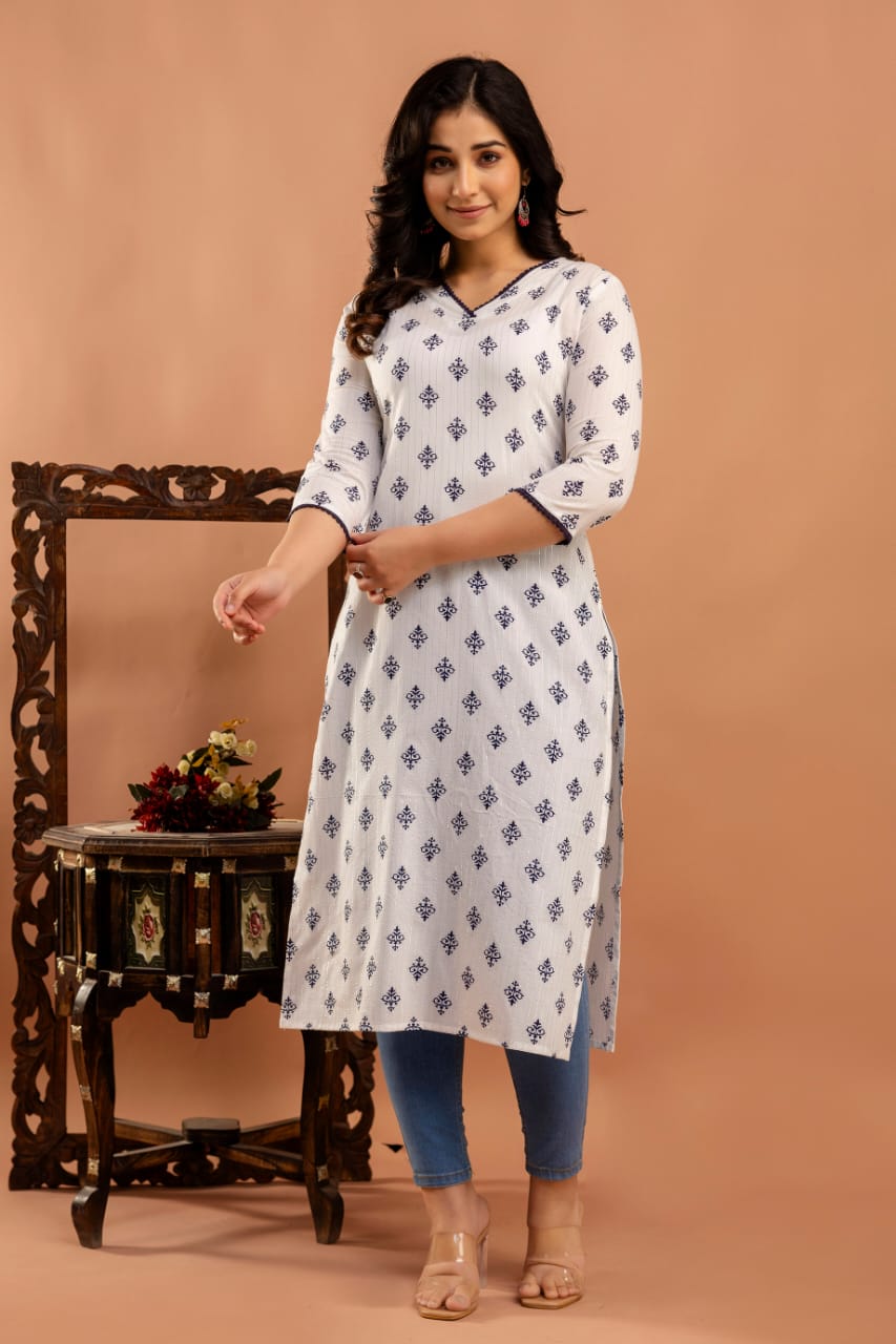White Ethnic Printed Straight Kurta with Three Quarter Sleeves | LASVINI - Redefining Indian Fashion with Elegance