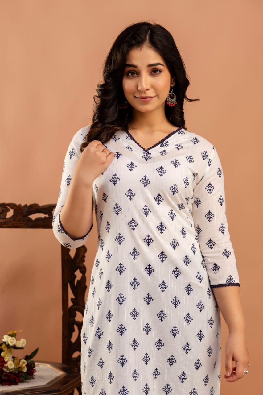White Ethnic Printed Straight Kurta with Three Quarter Sleeves | LASVINI - Redefining Indian Fashion with Elegance