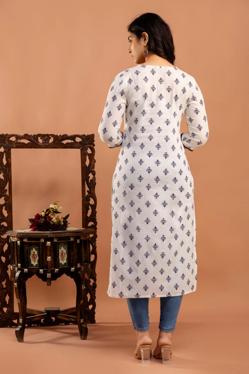 White Ethnic Printed Straight Kurta with Three Quarter Sleeves | LASVINI - Redefining Indian Fashion with Elegance