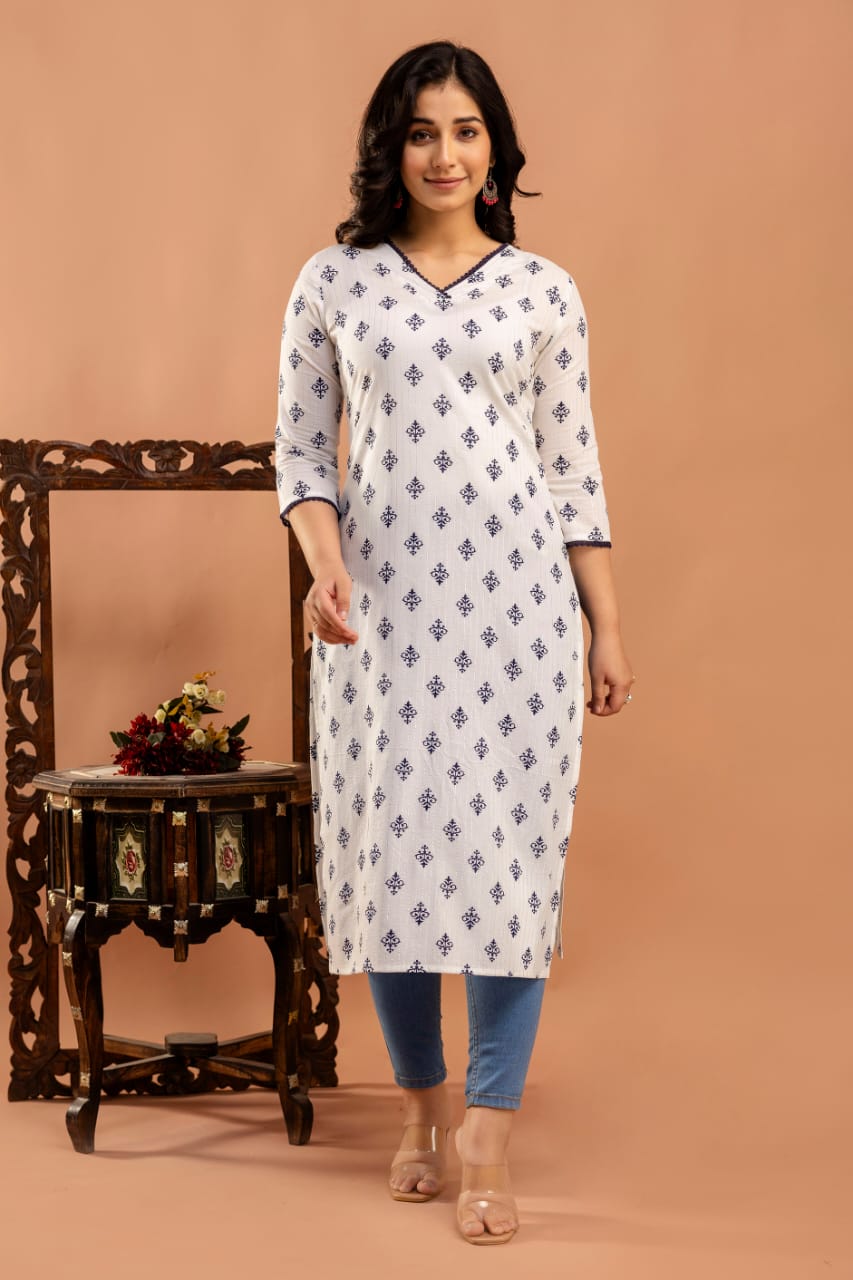White Ethnic Printed Straight Kurta with Three Quarter Sleeves | LASVINI - Redefining Indian Fashion with Elegance