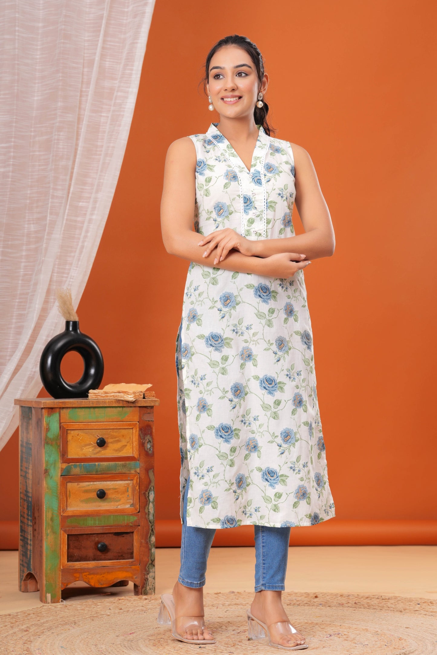 Off White Floral Printed Straight Sleeveless Kurta for Women | LASVINI - Redefining Indian Fashion with Elegance