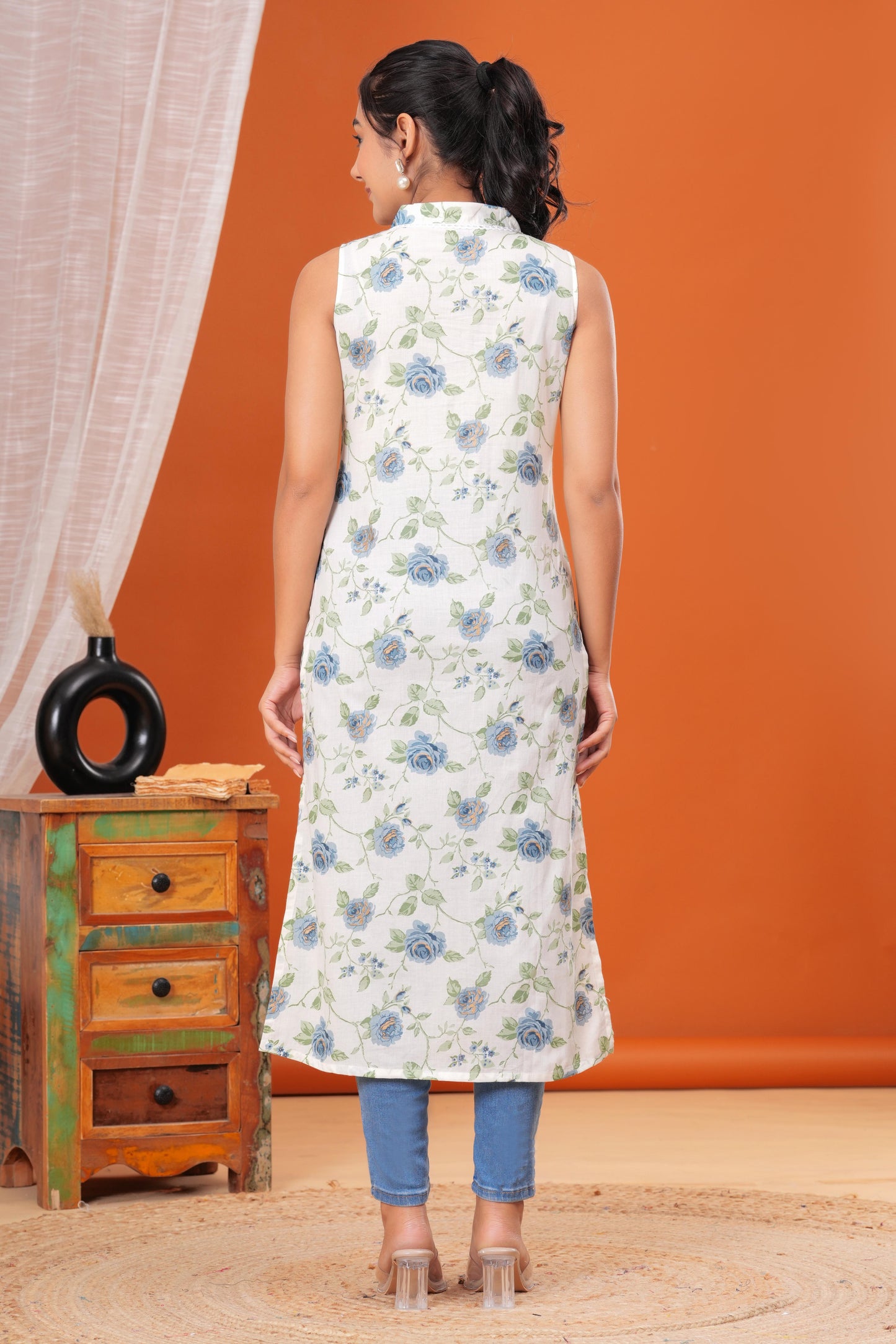 Off White Floral Printed Straight Sleeveless Kurta for Women | LASVINI - Redefining Indian Fashion with Elegance