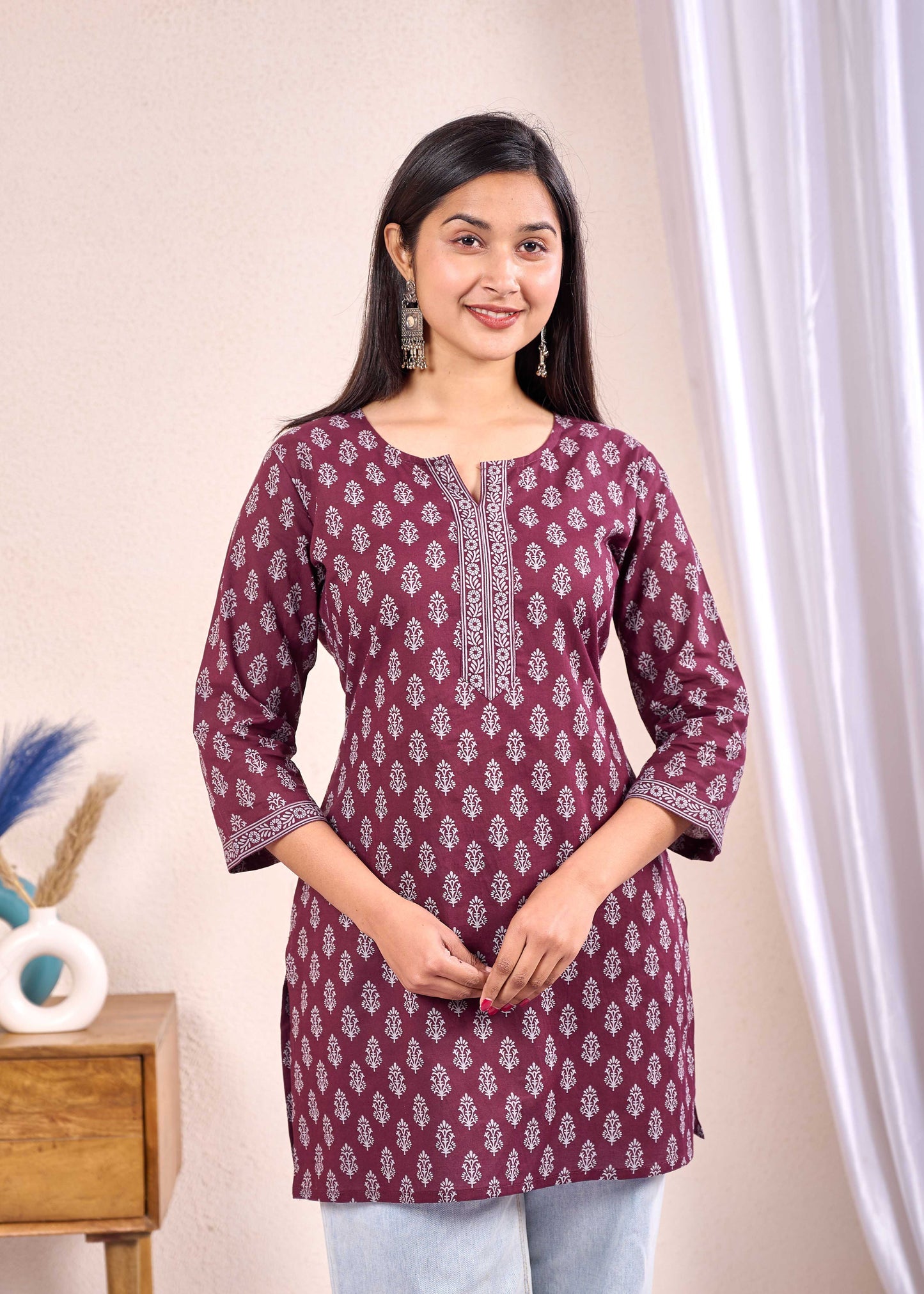 Women Burgundy Printed Straight Tunic | LASVINI - Redefining Indian Fashion with Elegance