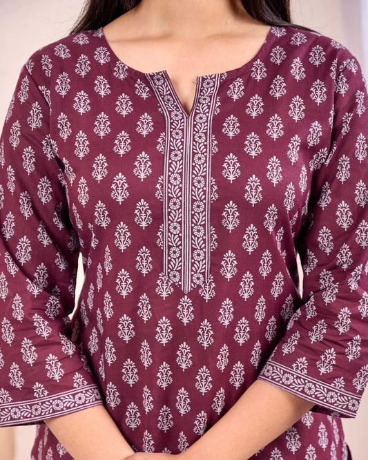 Women Burgundy Printed Straight Tunic | LASVINI - Redefining Indian Fashion with Elegance