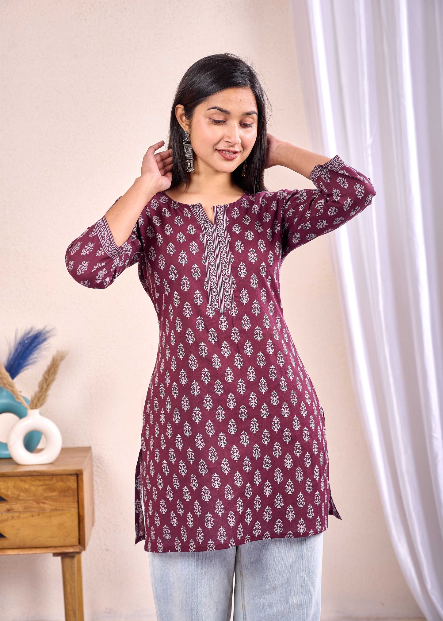 Women Burgundy Printed Straight Tunic | LASVINI - Redefining Indian Fashion with Elegance