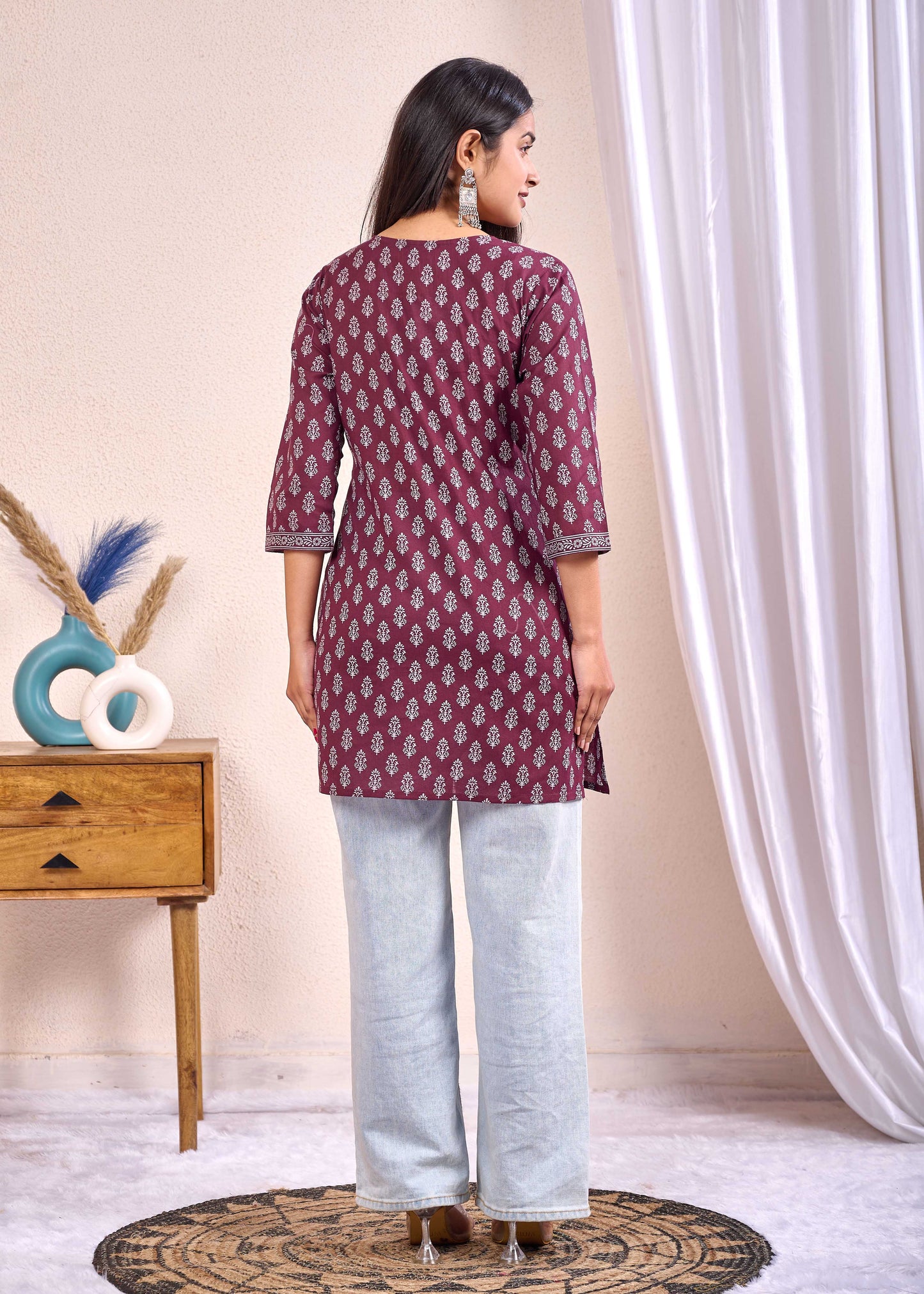 Women Burgundy Printed Straight Tunic | LASVINI - Redefining Indian Fashion with Elegance
