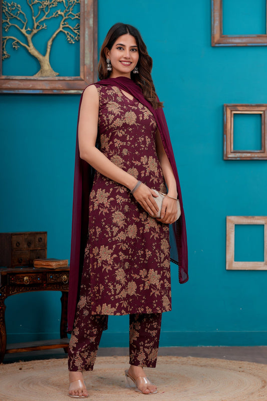 Burgundy Printed Straight Kurta Set With Dupatta for Women | LASVINI - Redefining Indian Fashion with Elegance