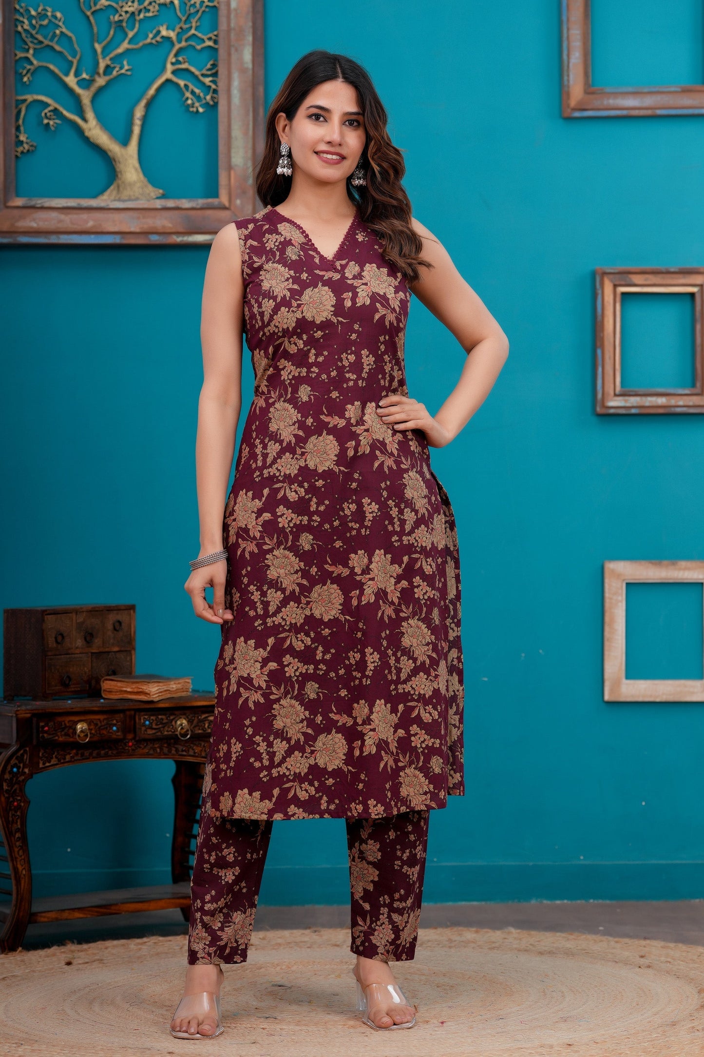 Burgundy Printed Straight Kurta Set With Dupatta for Women | LASVINI - Redefining Indian Fashion with Elegance