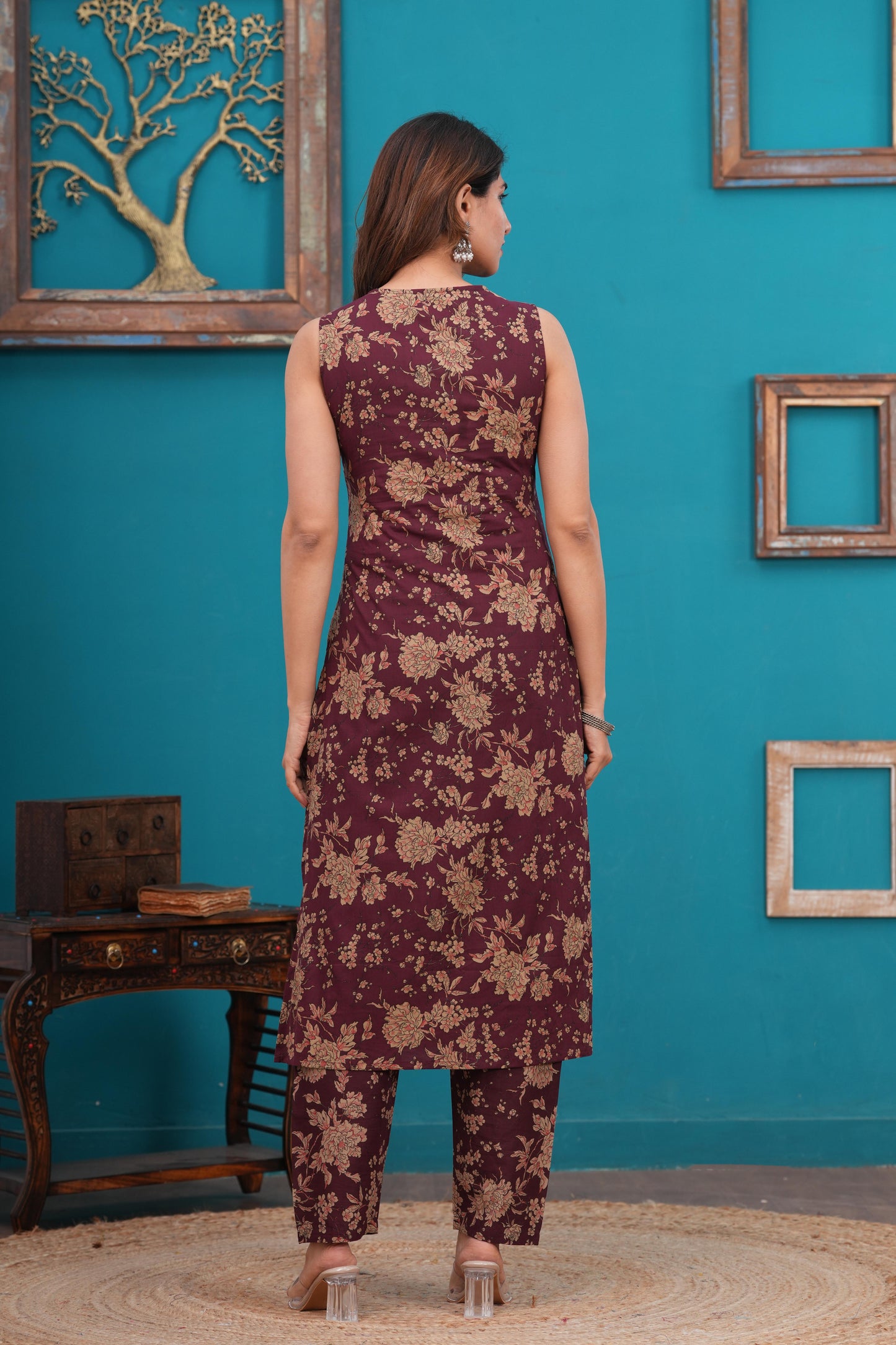 Burgundy Printed Straight Kurta Set With Dupatta for Women | LASVINI - Redefining Indian Fashion with Elegance