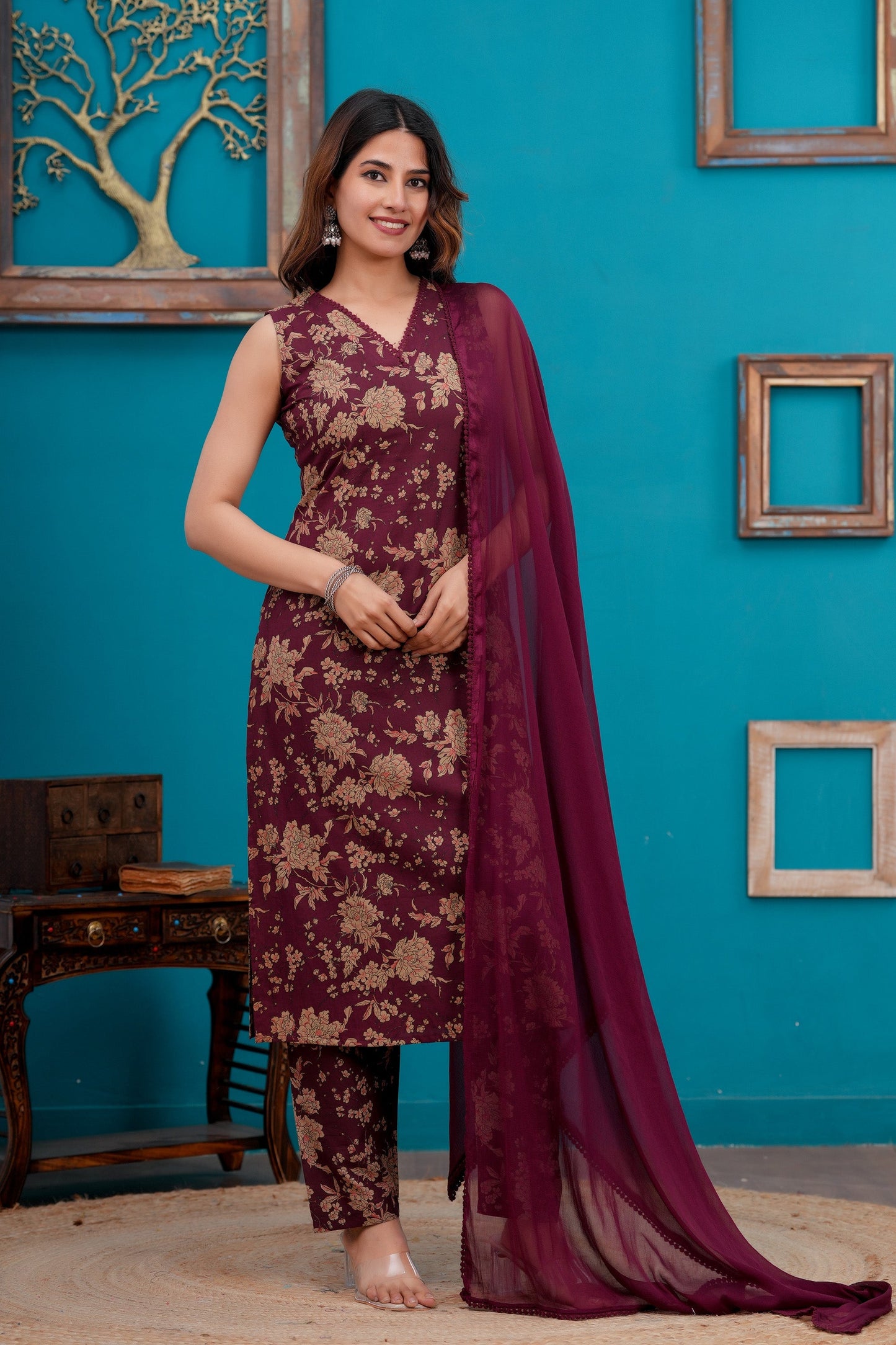 Burgundy Printed Straight Kurta Set With Dupatta for Women | LASVINI - Redefining Indian Fashion with Elegance