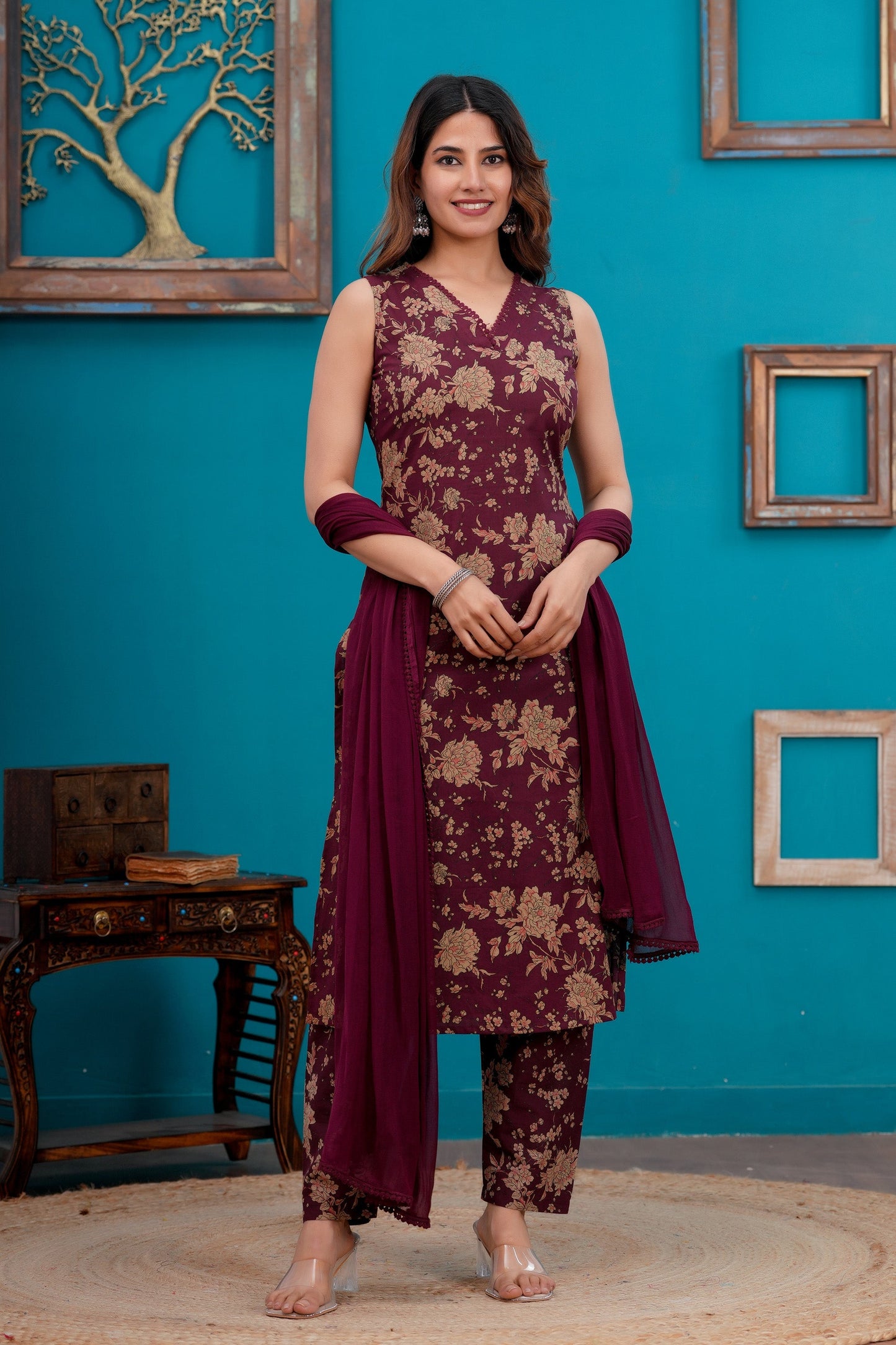 Burgundy Printed Straight Kurta Set With Dupatta for Women | LASVINI - Redefining Indian Fashion with Elegance