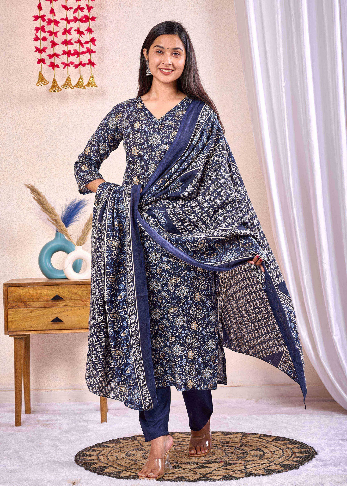 Navy Blue Printed Straight Kurta Set With Dupatta for Women | LASVINI - Redefining Indian Fashion with Elegance