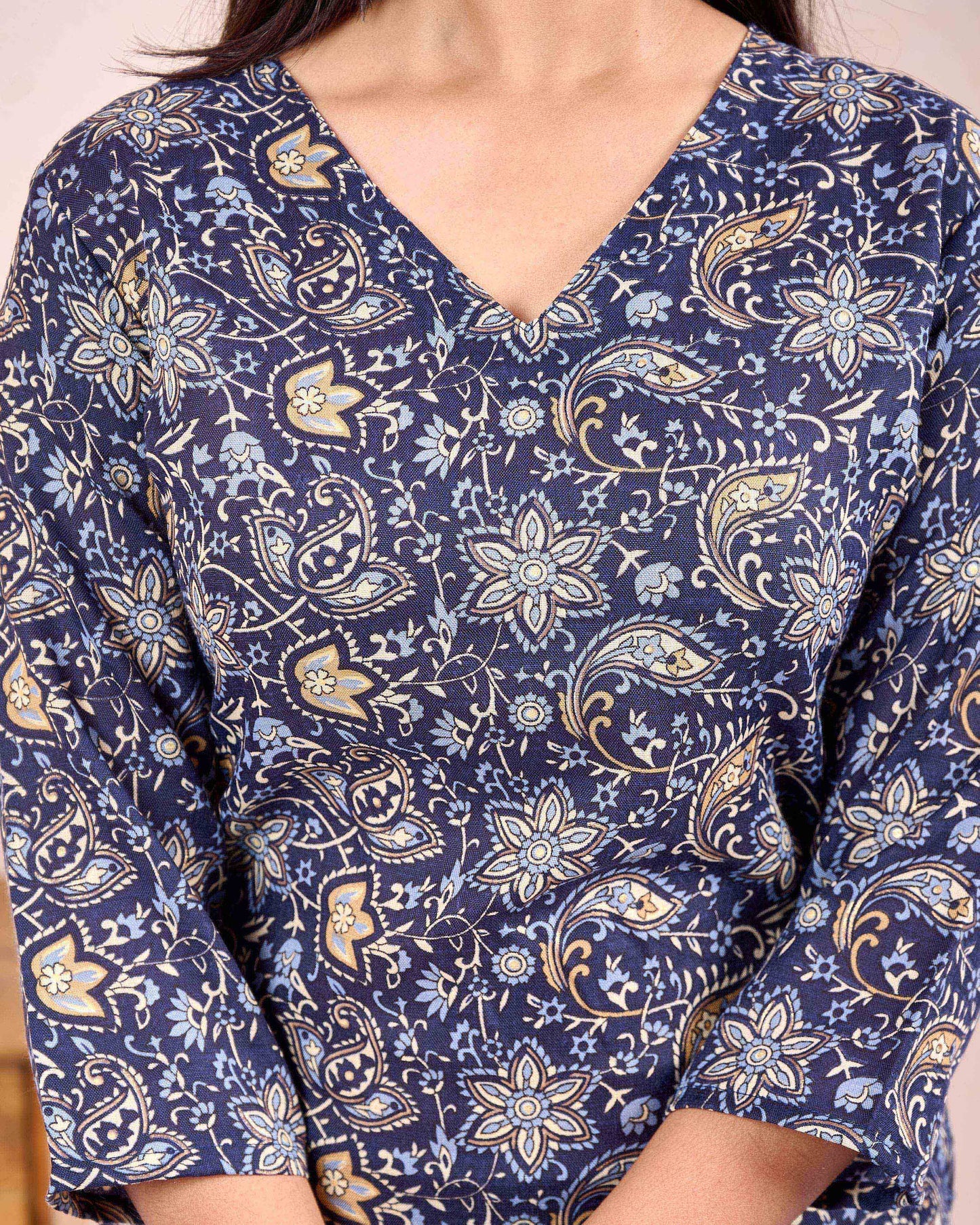 Navy Blue Printed Straight Kurta Set With Dupatta for Women | LASVINI - Redefining Indian Fashion with Elegance