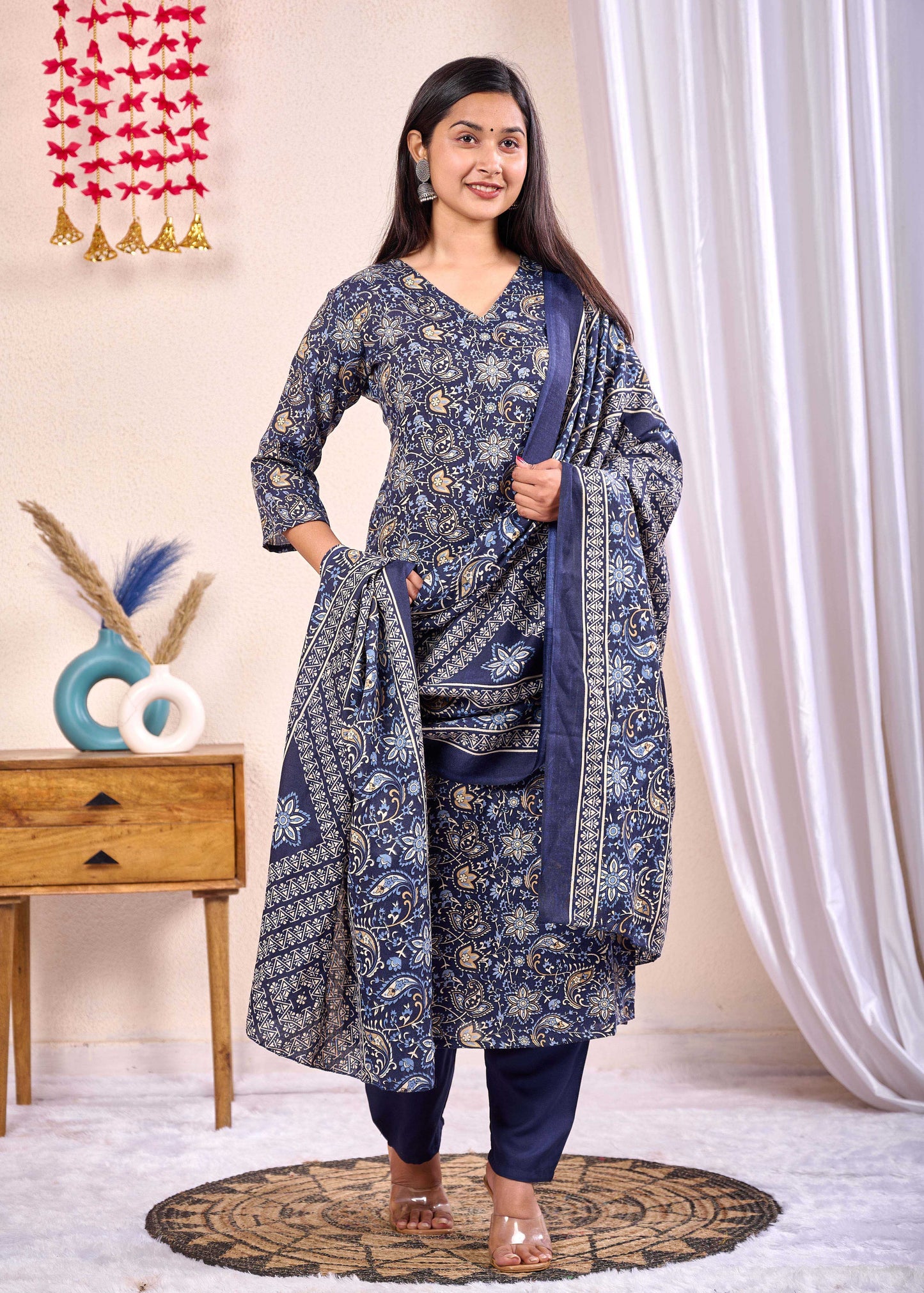 Navy Blue Printed Straight Kurta Set With Dupatta for Women | LASVINI - Redefining Indian Fashion with Elegance