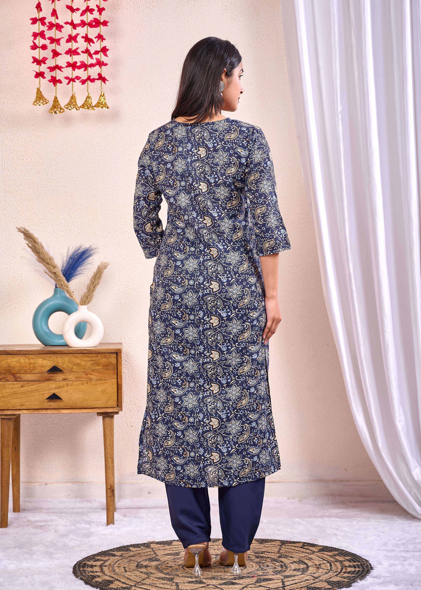 Navy Blue Printed Straight Kurta Set With Dupatta for Women | LASVINI - Redefining Indian Fashion with Elegance