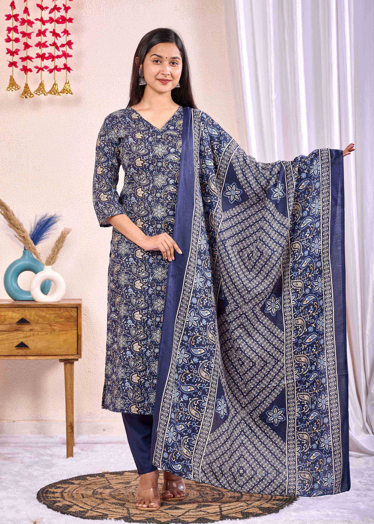 Navy Blue Printed Straight Kurta Set With Dupatta for Women | LASVINI - Redefining Indian Fashion with Elegance
