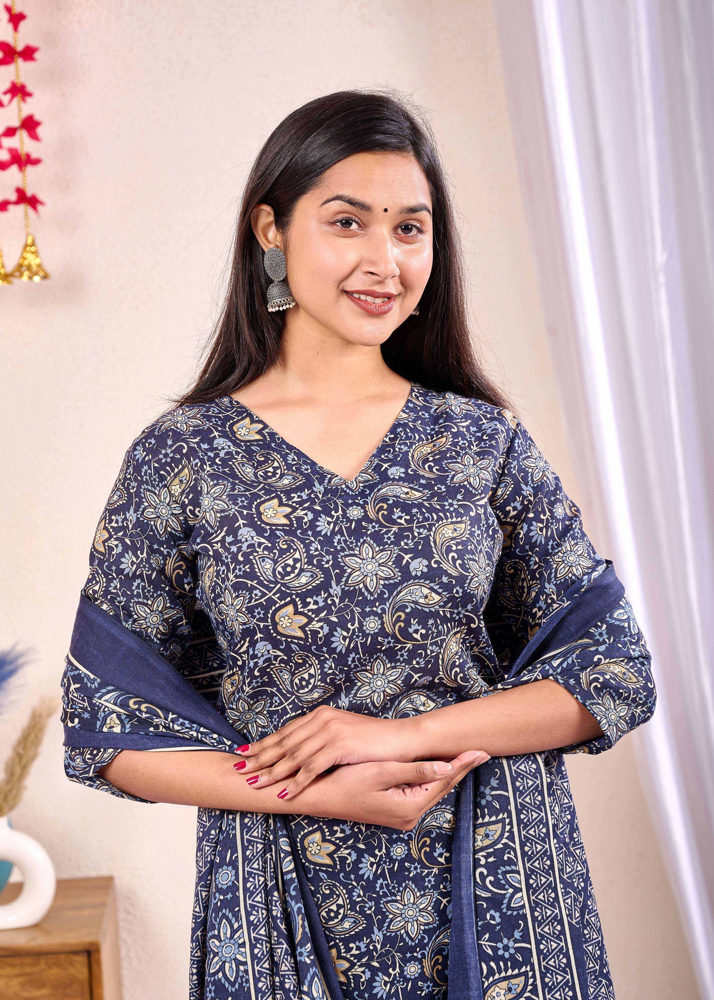 Navy Blue Printed Straight Kurta Set With Dupatta for Women | LASVINI - Redefining Indian Fashion with Elegance
