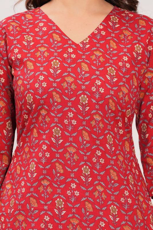 Red Printed Straight Kurta with Three Quarter Sleeves | LASVINI - Redefining Indian Fashion with Elegance