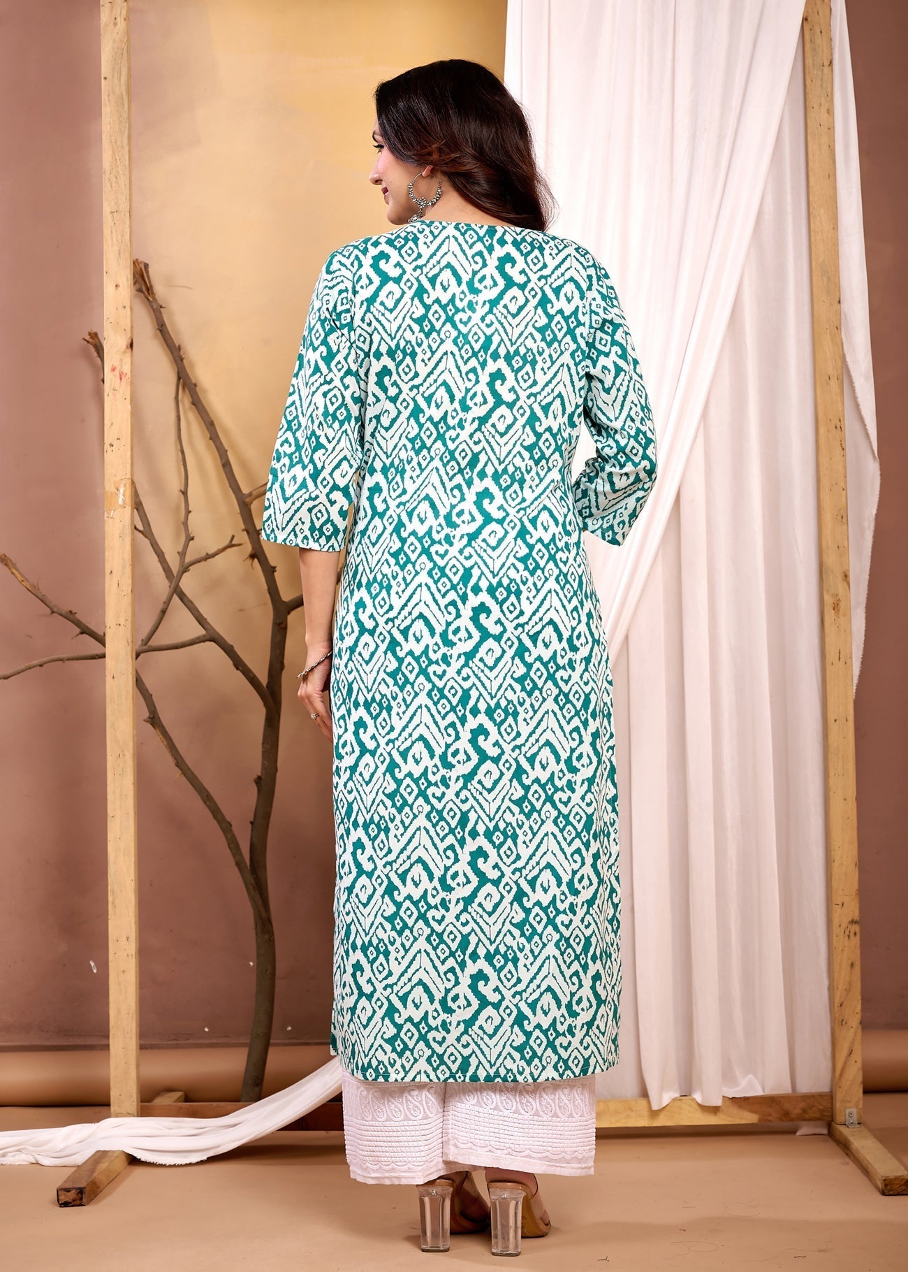 Turquoise Blue Printed Straight Kurta with Three Quarter Sleeves | LASVINI - Redefining Indian Fashion with Elegance