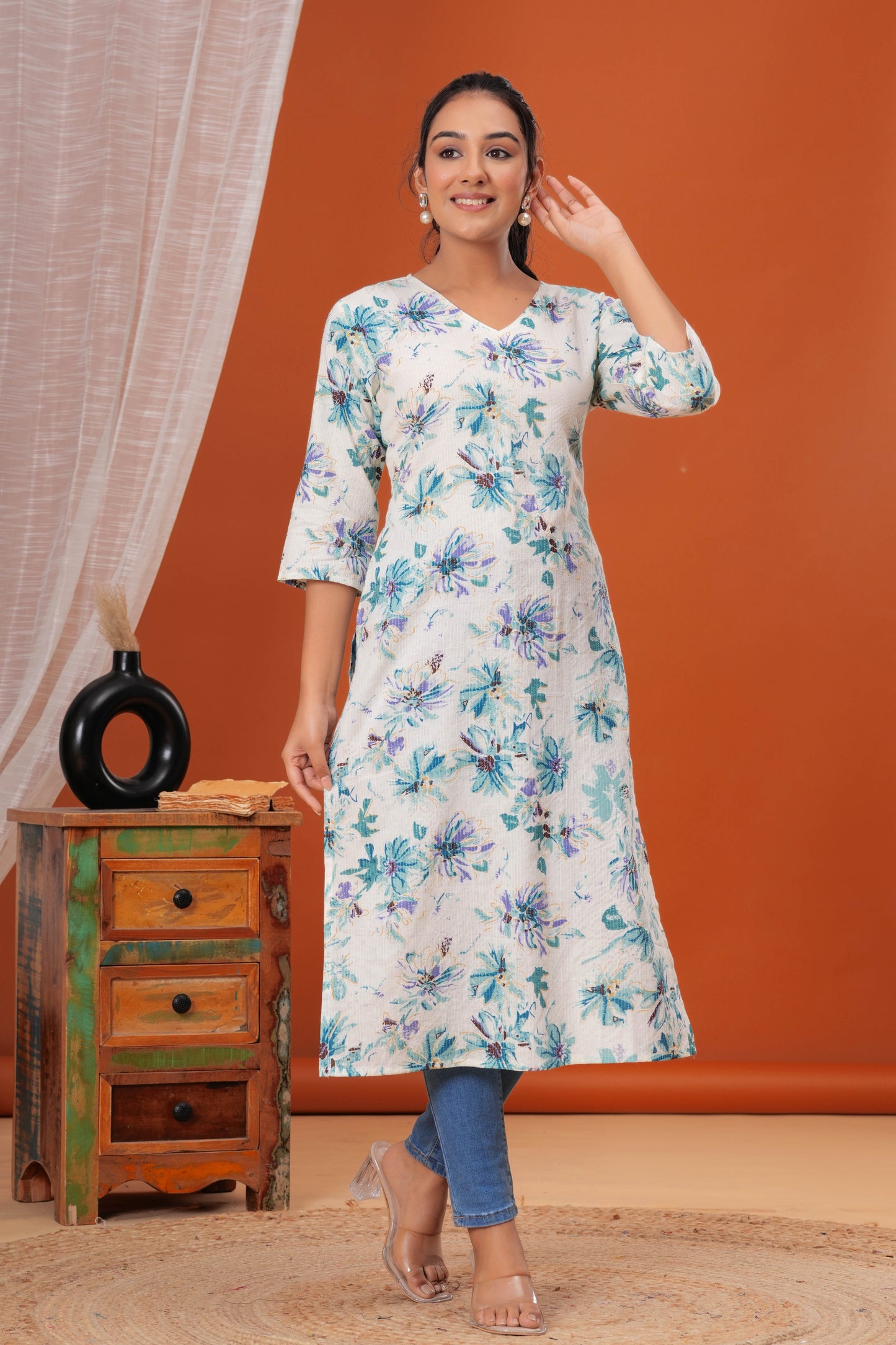 Off White Printed Straight Kurta with Three Quarter Sleeves | LASVINI - Redefining Indian Fashion with Elegance