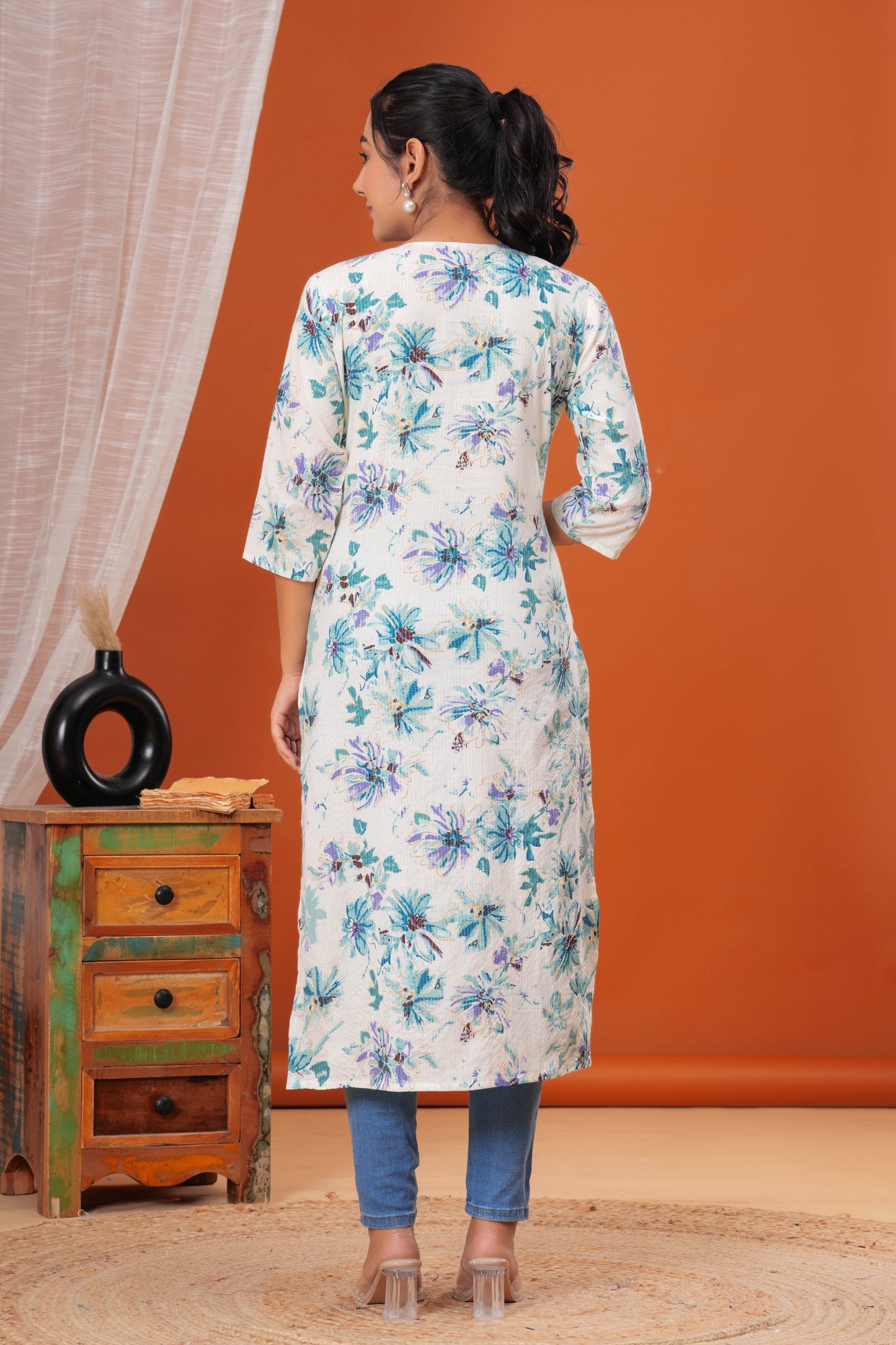 Off White Printed Straight Kurta with Three Quarter Sleeves | LASVINI - Redefining Indian Fashion with Elegance