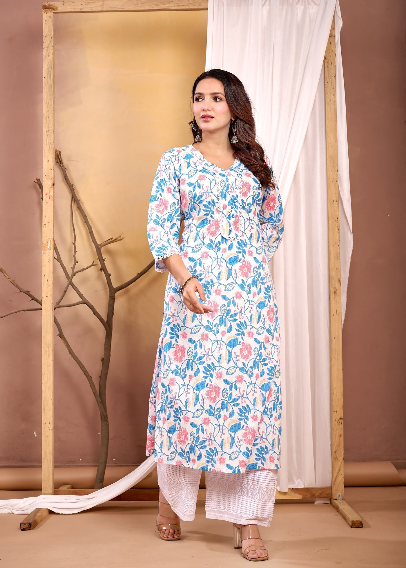 Off White Printed Straight Kurta with Three Quarter Sleeves | LASVINI - Redefining Indian Fashion with Elegance