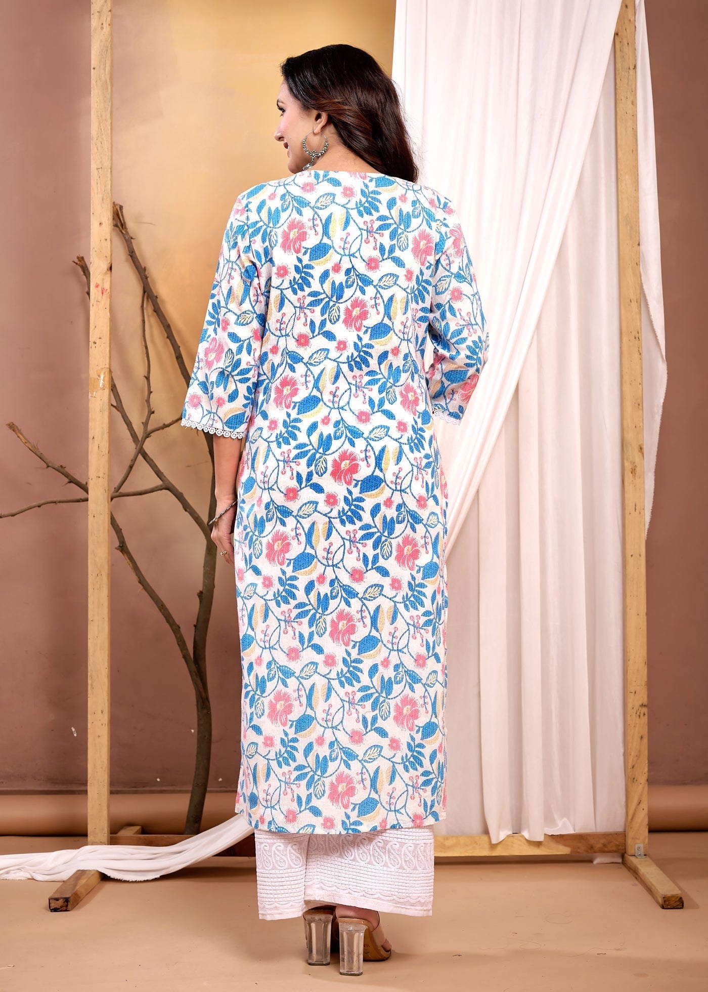Off White Printed Straight Kurta with Three Quarter Sleeves | LASVINI - Redefining Indian Fashion with Elegance