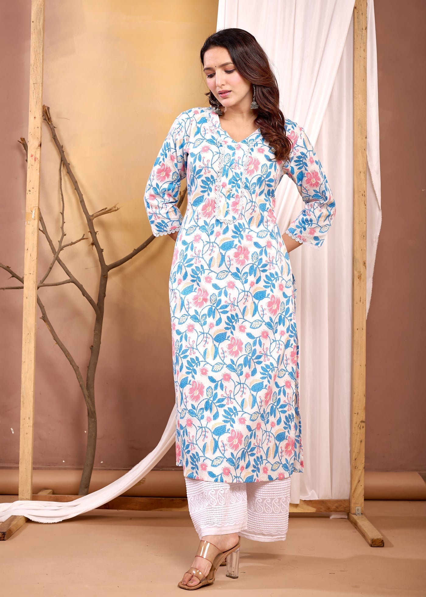 Off White Printed Straight Kurta with Three Quarter Sleeves | LASVINI - Redefining Indian Fashion with Elegance