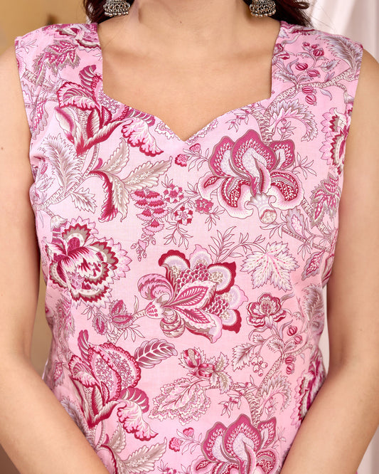 Pink Floral Printed Straight Sleeveless Kurta for Women | LASVINI - Redefining Indian Fashion with Elegance