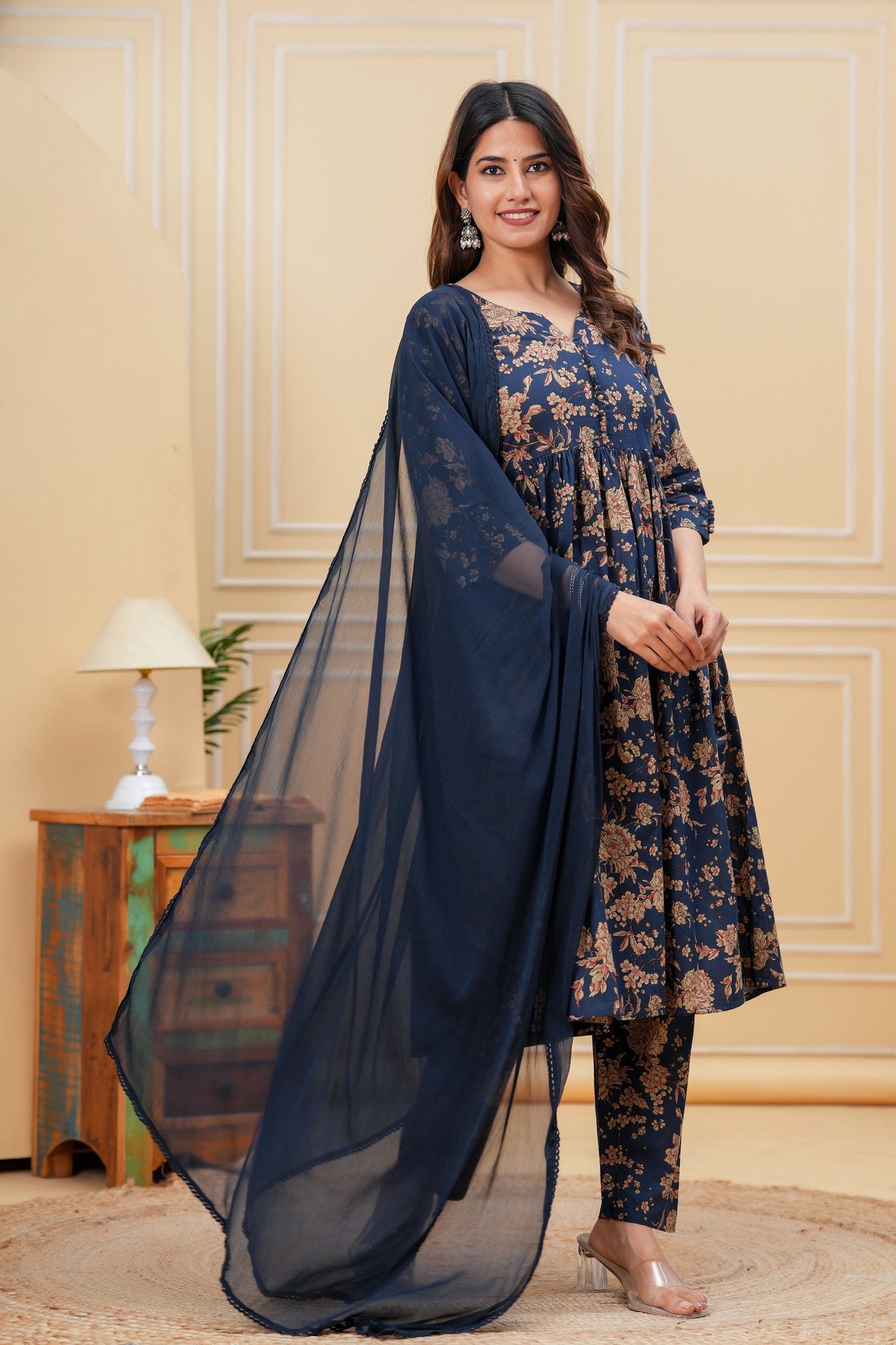 Navy Blue Printed Anarkali Kurta Set With Dupatta For Women | LASVINI - Redefining Indian Fashion with Elegance