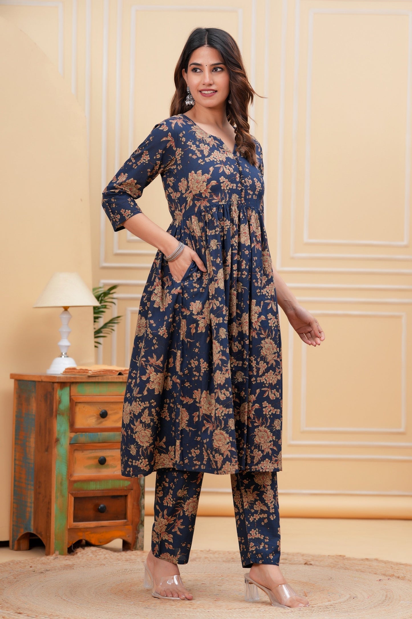 Navy Blue Printed Anarkali Kurta Set With Dupatta For Women | LASVINI - Redefining Indian Fashion with Elegance