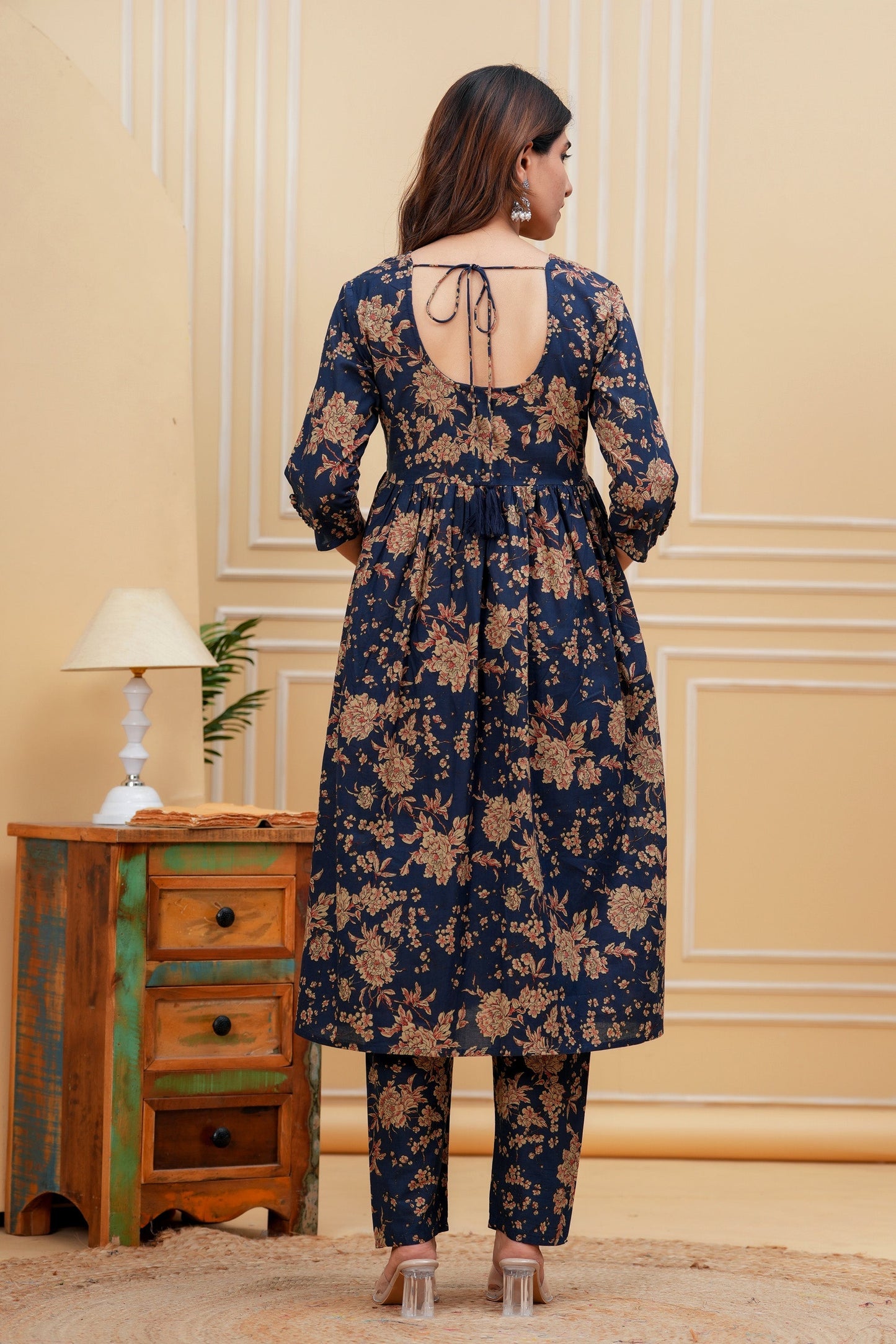 Navy Blue Printed Anarkali Kurta Set With Dupatta For Women | LASVINI - Redefining Indian Fashion with Elegance