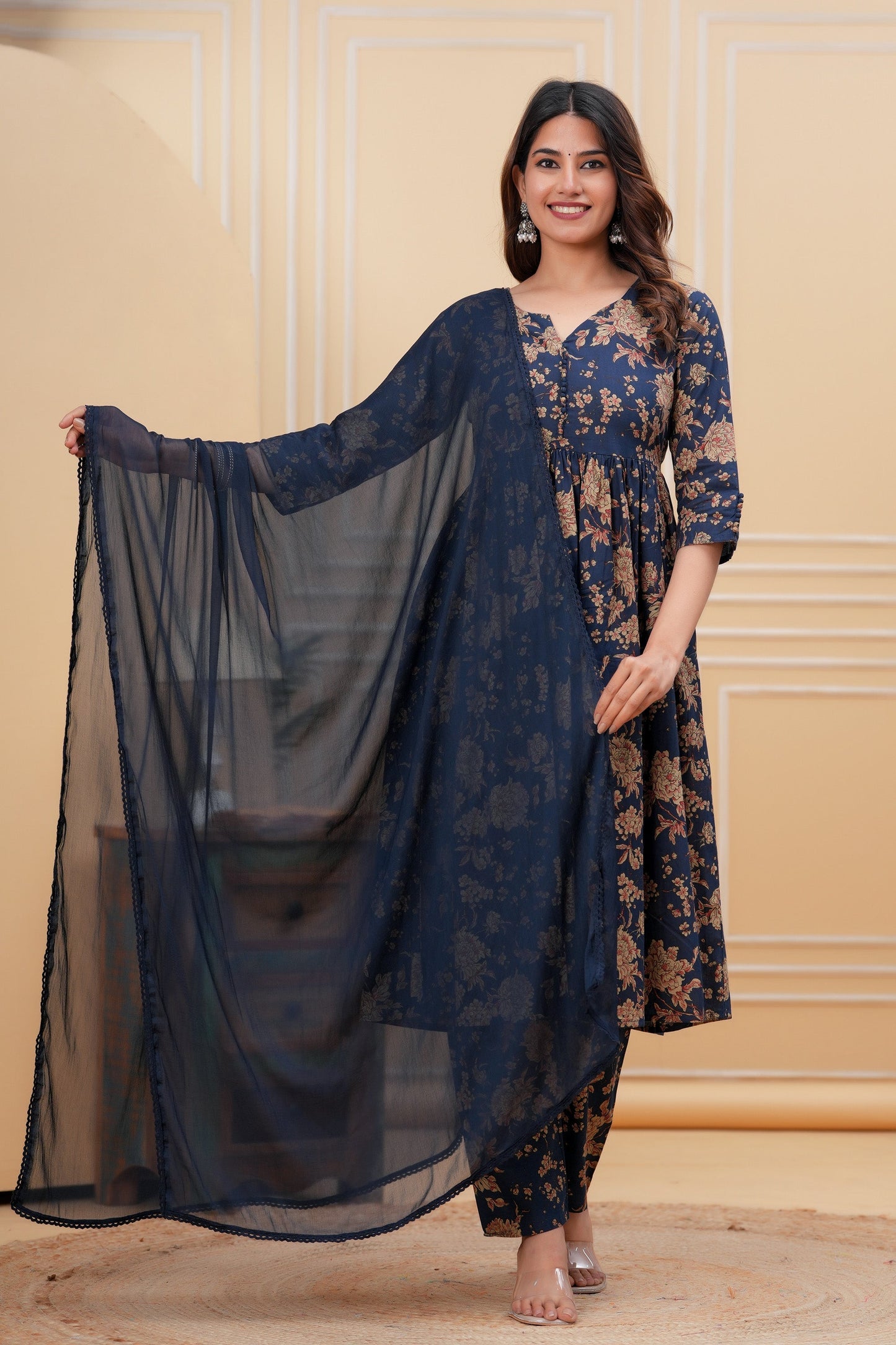 Navy Blue Printed Anarkali Kurta Set With Dupatta For Women | LASVINI - Redefining Indian Fashion with Elegance
