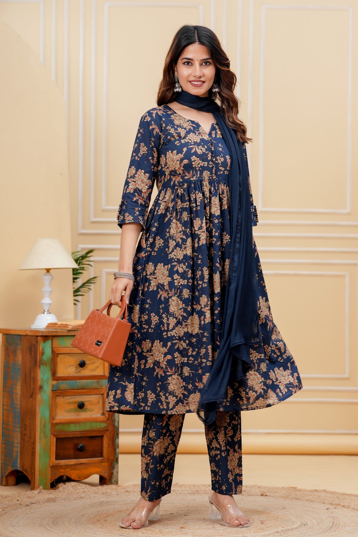 Navy Blue Printed Anarkali Kurta Set With Dupatta For Women | LASVINI - Redefining Indian Fashion with Elegance