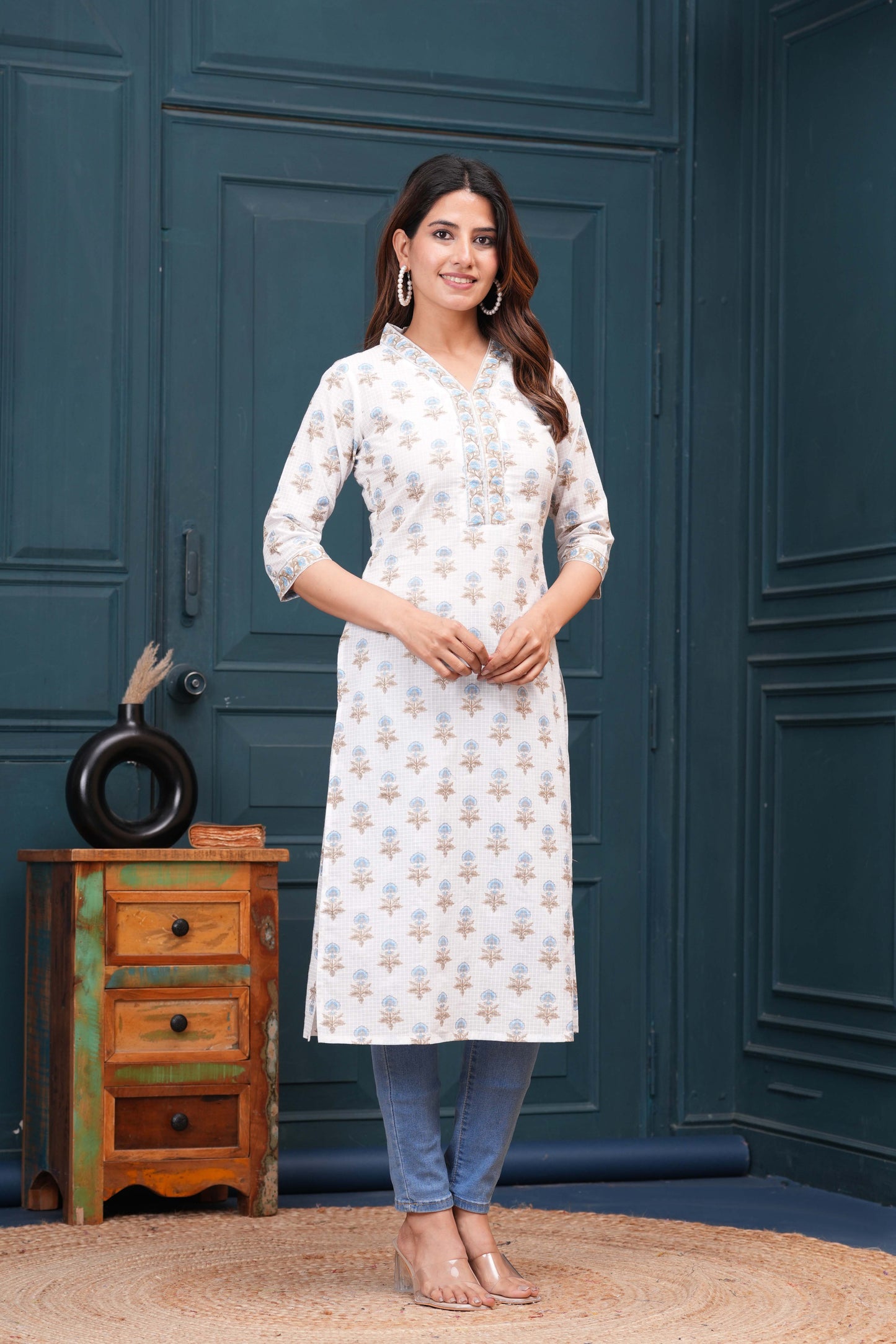 Off White Printed Straight Kurta with Three Quarter Sleeves | LASVINI - Redefining Indian Fashion with Elegance
