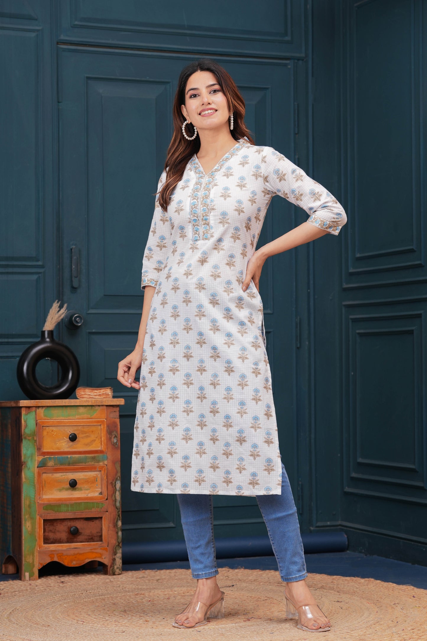 Off White Printed Straight Kurta with Three Quarter Sleeves | LASVINI - Redefining Indian Fashion with Elegance