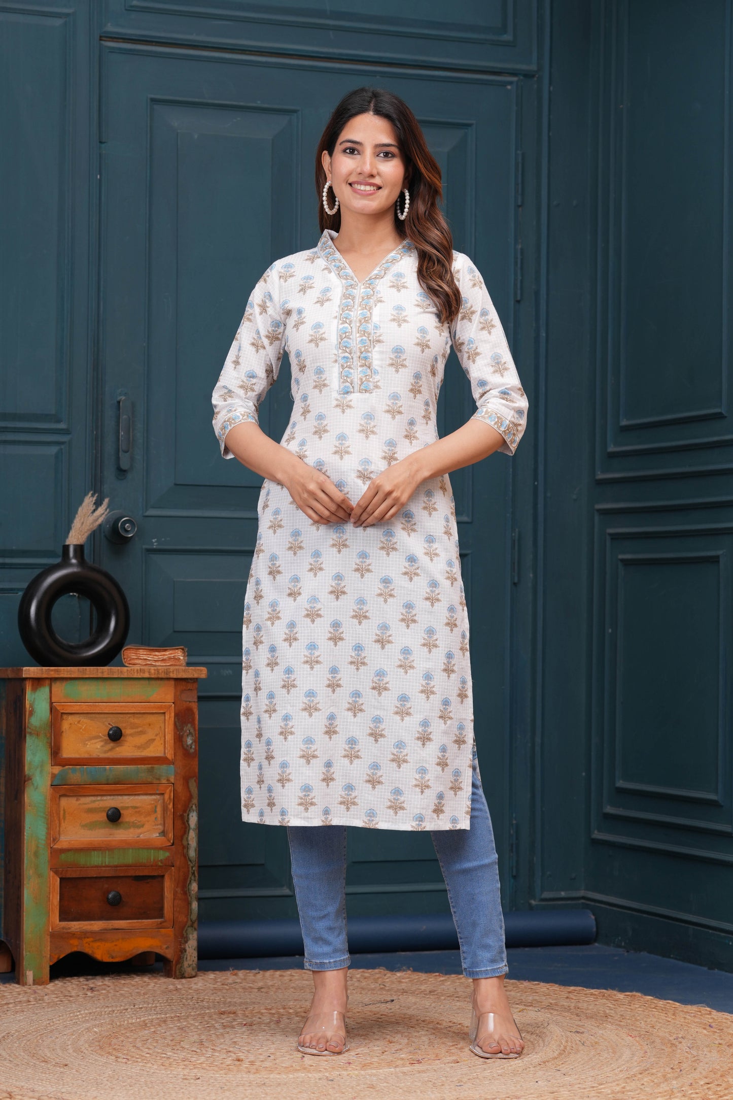 Off White Printed Straight Kurta with Three Quarter Sleeves | LASVINI - Redefining Indian Fashion with Elegance
