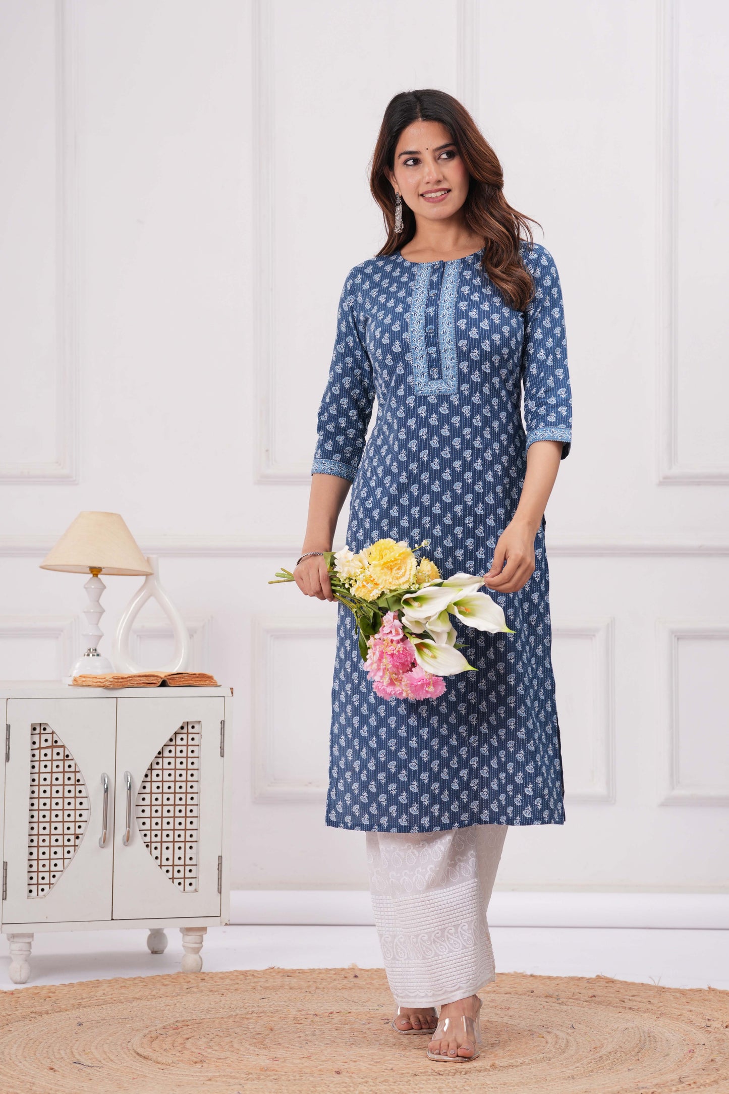 Women Blue Printed Straight Kurta with Three Quarter Sleeves | LASVINI - Redefining Indian Fashion with Elegance