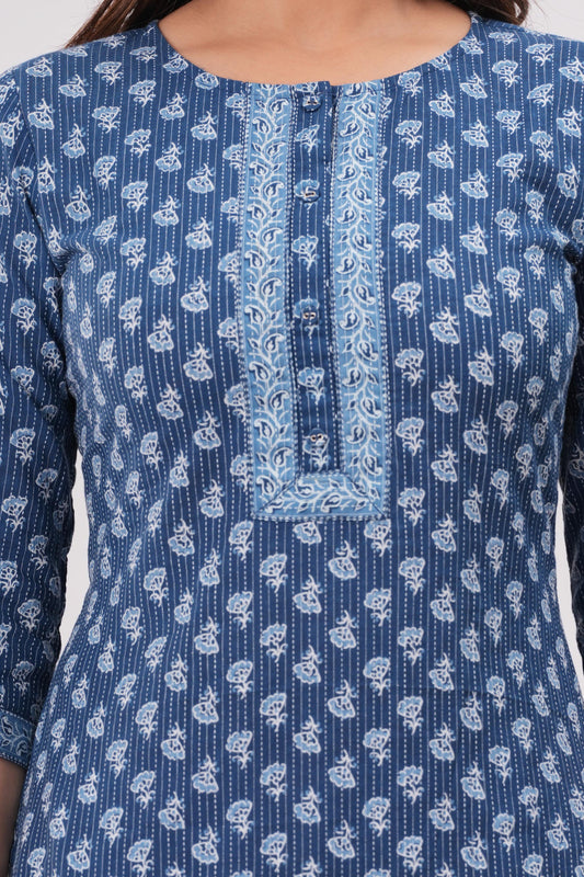 Women Blue Printed Straight Kurta with Three Quarter Sleeves | LASVINI - Redefining Indian Fashion with Elegance